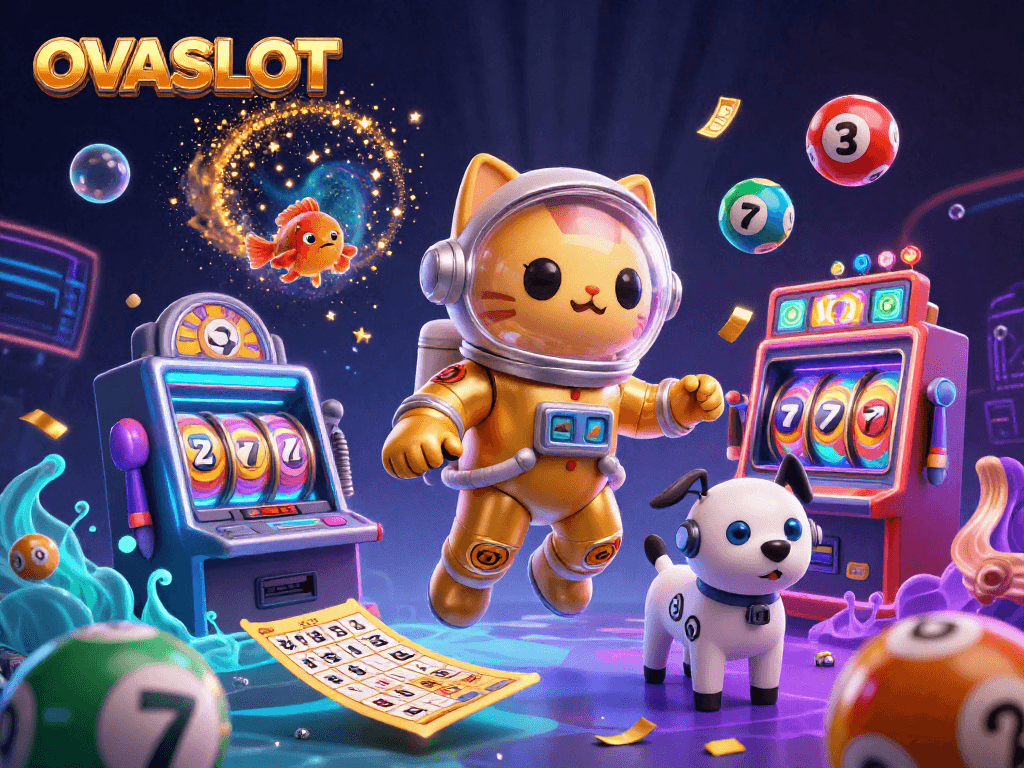 Experience the excitement of OVASLOT with vibrant slot machines and dynamic gaming elements in a cosmic setting.