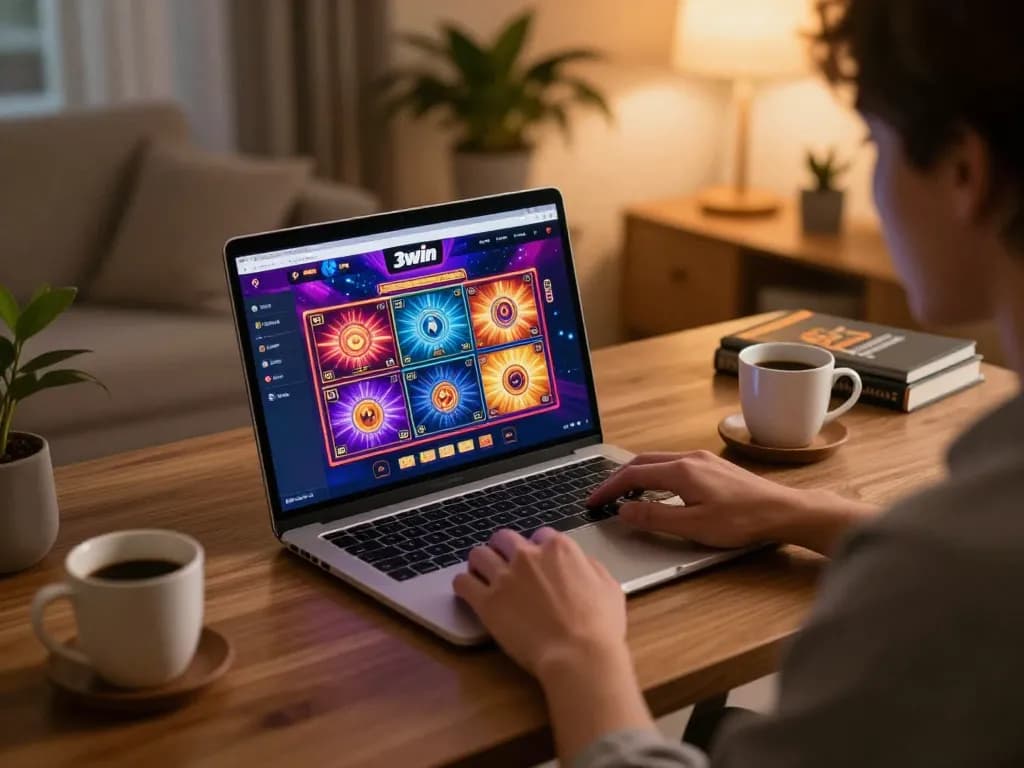 Player engaged in thrilling online gaming on 3win platform, showcasing vibrant casino interface and cozy home environment.