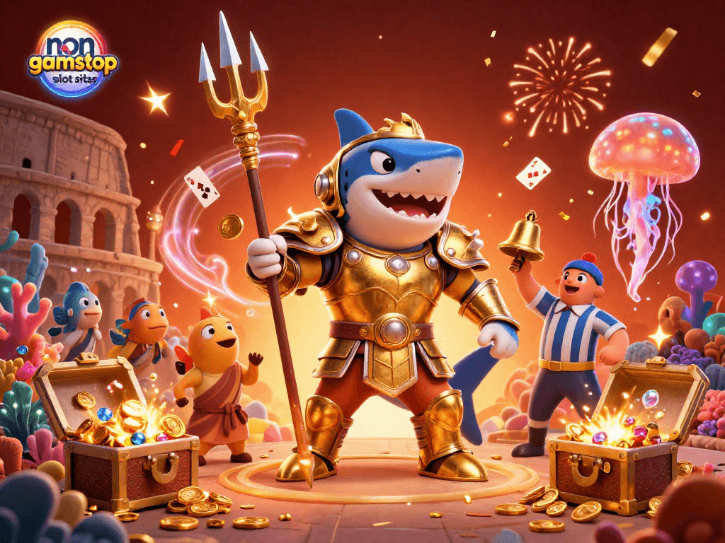Engage in exciting non gamstop slot sites with a thrilling underwater casino featuring a gladiator shark and vibrant treasures.