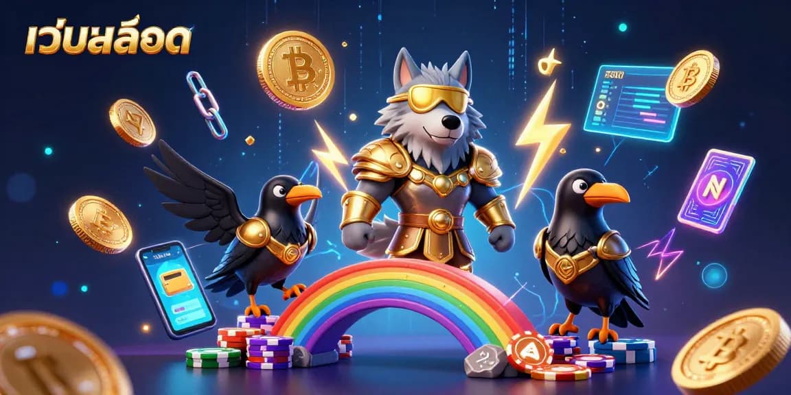 Engage with เว็บสล็อต showcasing Odin's wolf and ravens on a vibrant casino chip rainbow bridge.