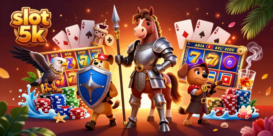 Spin the reels with excitement in this vibrant slot 5k-themed casino scene featuring colorful elements and dynamic characters.