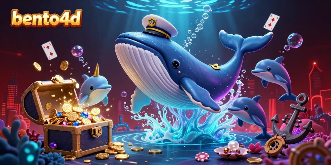 bento4d menyajikan dunia bawah laut yang menarik dengan ikan paus, narwhal, dan lumba-lumba dikelilingi oleh elemen kasino.
