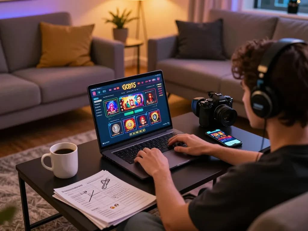 person playing god55 casino online at home with gaming setup and strategy notes