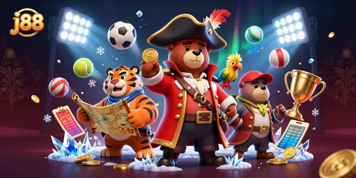 Engage with j88 festivities as a pirate captain, fierce tiger, and parrot showcase exciting betting action.