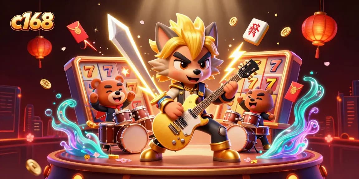 C168 casino illustration showcasing slot games and vibrant characters in an energetic atmosphere.