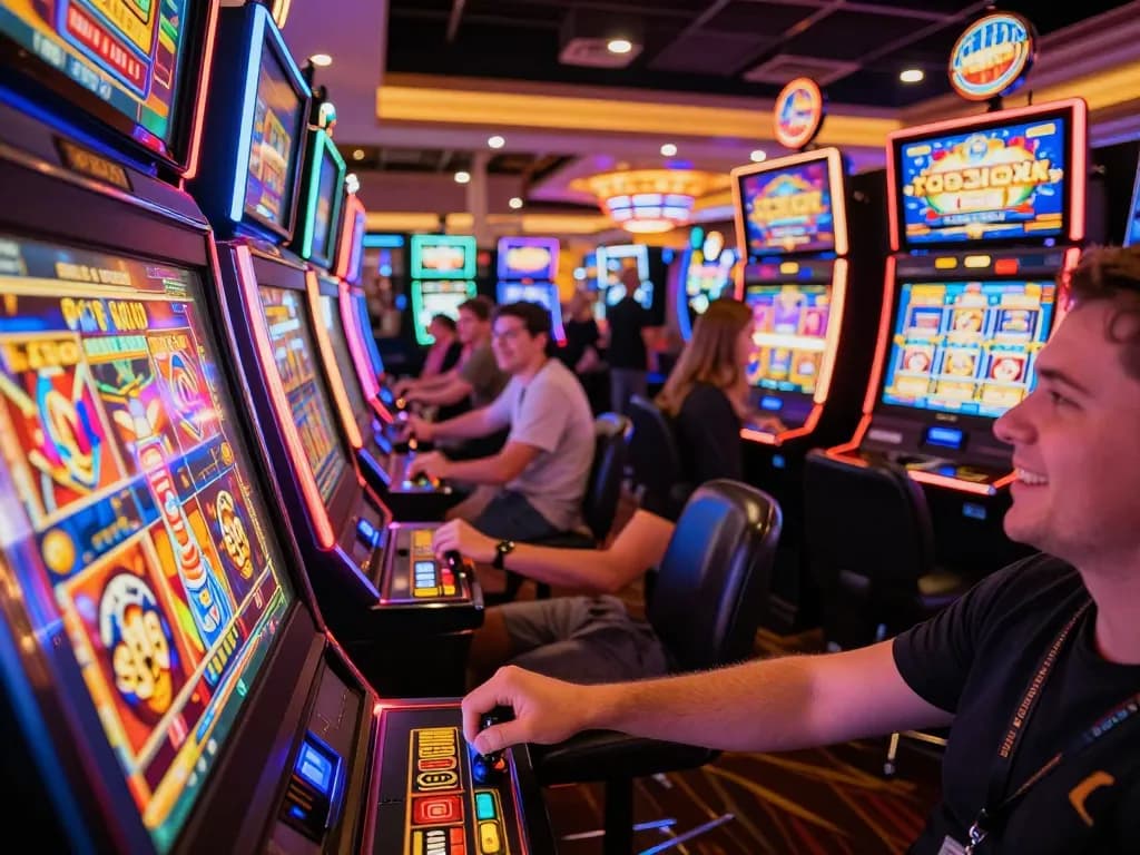 Permainan menarik di area mesin slot yang meriah menampilkan kegembiraan Slot Demo PG Soft Lengkap dengan para pemain