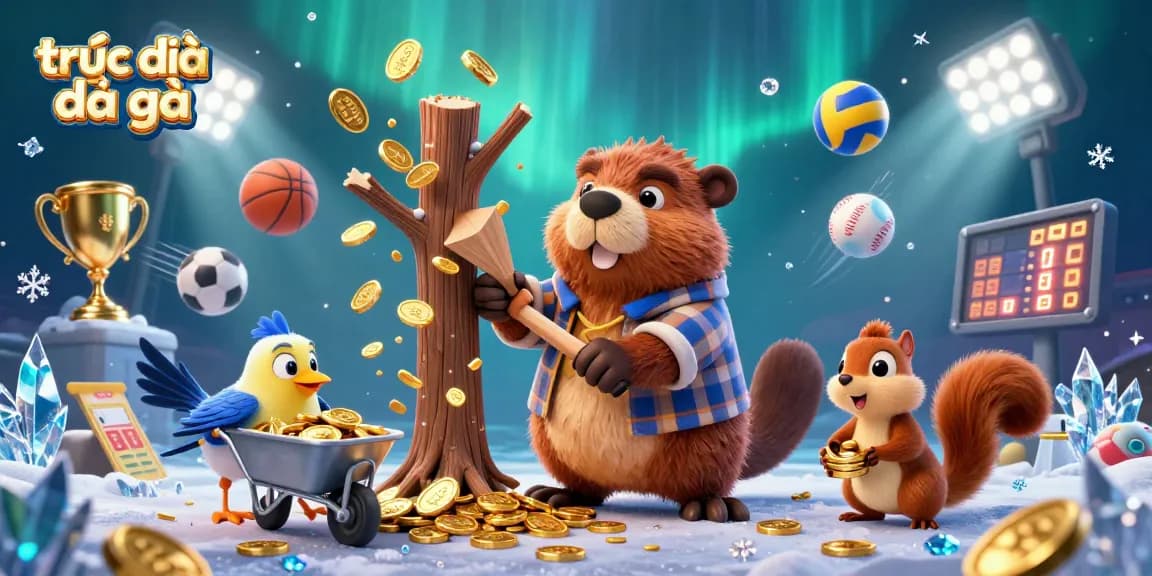 Engage in thrilling trực tiếp đá gà action as the lumberjack beaver chops a tree raining golden coins, celebrating the excitement.