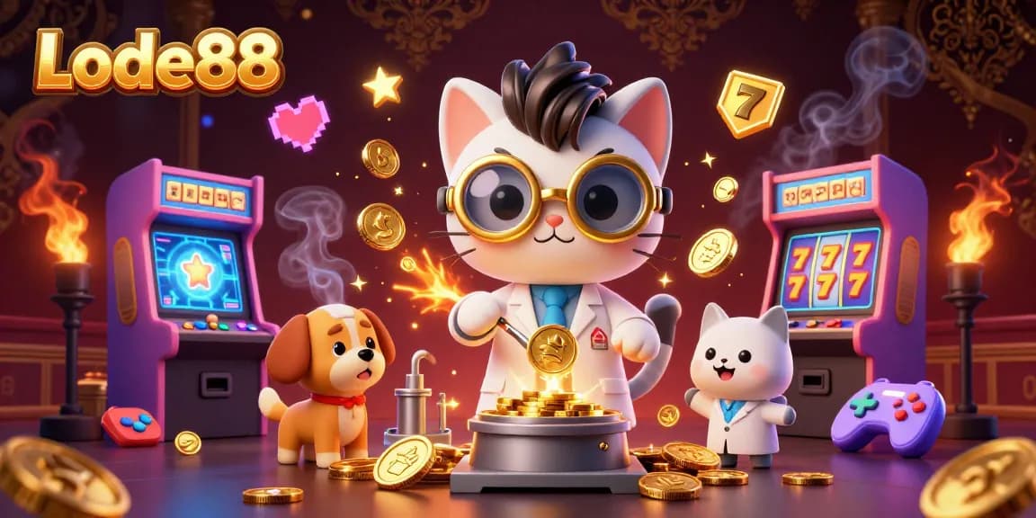 Lode88 ignites excitement with a mad scientist cat and assistant in a casino-themed lab filled with golden jackpot elements.