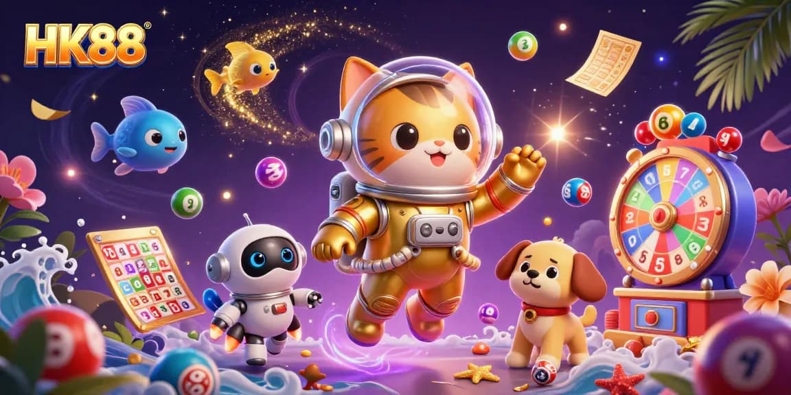 HK88 offers thrilling gaming experiences with colorful lottery elements and a uniquely animated space scene.