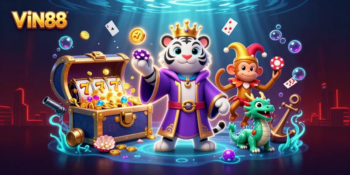 Experience thrilling gameplay with VIN88 as a playful monkey balances poker chips in a vibrant casino scene.