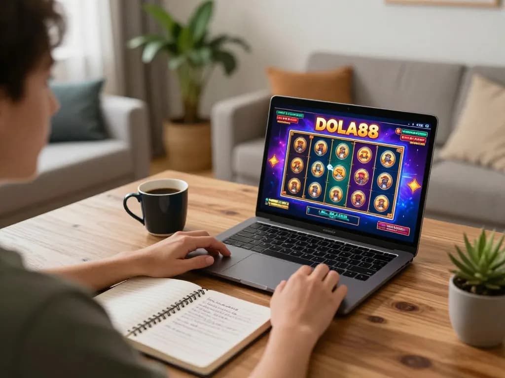 DOLA88 user playing an exciting online slot game at home with a warm atmosphere and strategic notes visible