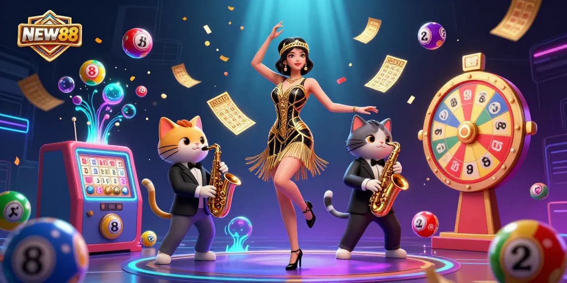 Engage in thrilling gaming experiences at NEW88, surrounded by vibrant confetti, lottery balls, and a lively atmosphere.