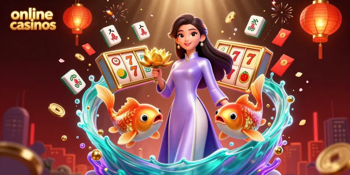 Engage with online casinos featuring vibrant games, splendid characters, and dynamic festive elements in this artistic 3D scene.