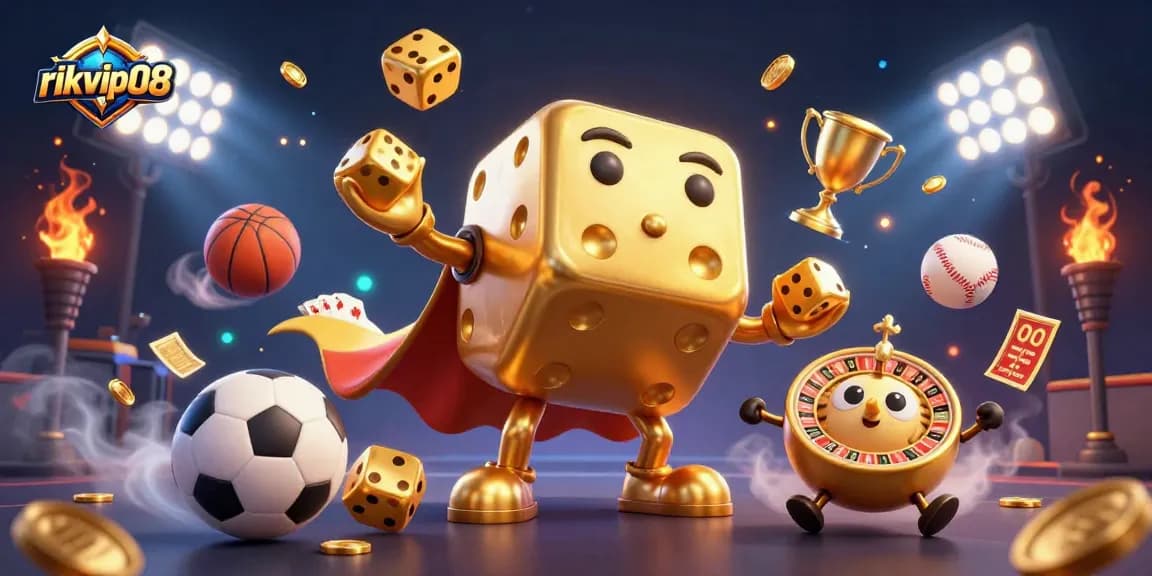 Play exciting games at rikvip08 with golden dice golems, dynamic sports balls, and vibrant casino elements.