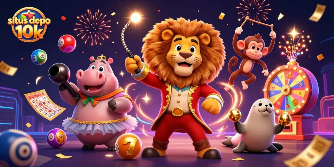 Engage with situs depo 10k as a lion ringmaster oversees a bustling casino scene filled with vibrant slot game action.