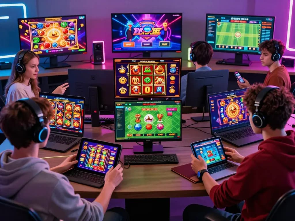 Players enjoying luck8 online gaming with vibrant graphics and devices in a lively cyber-themed setting.