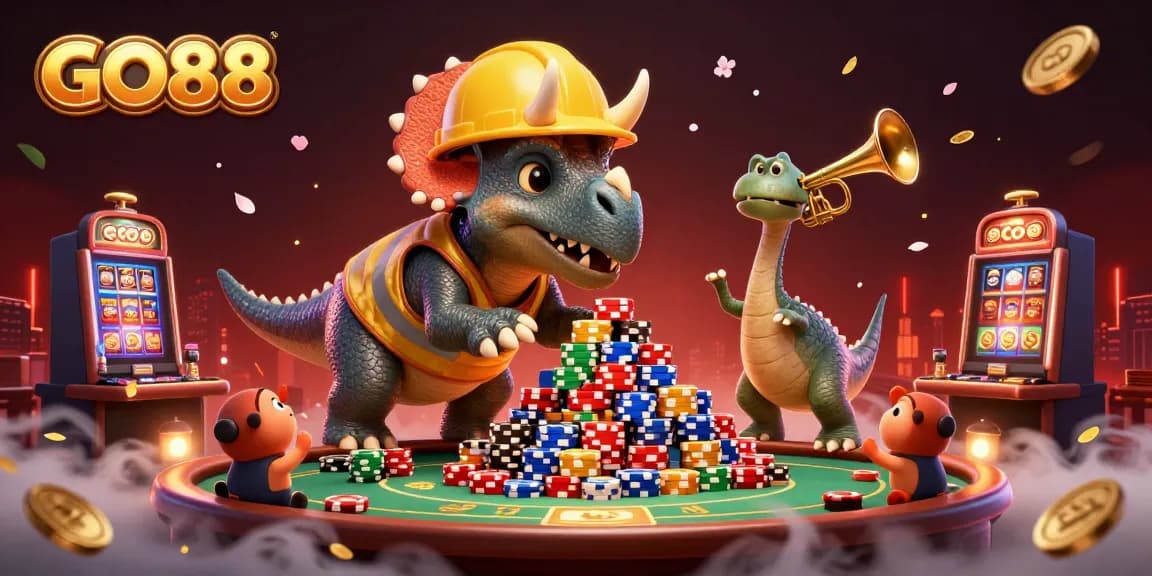 GO88 celebrates with a triceratops building poker chips while winning casino games surround them.