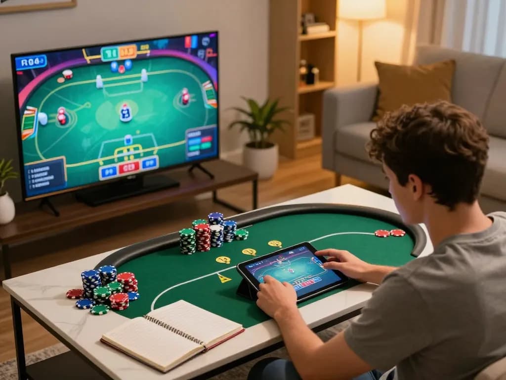 Player analyzing strategies while using nano banana 3 for an online poker game at home.