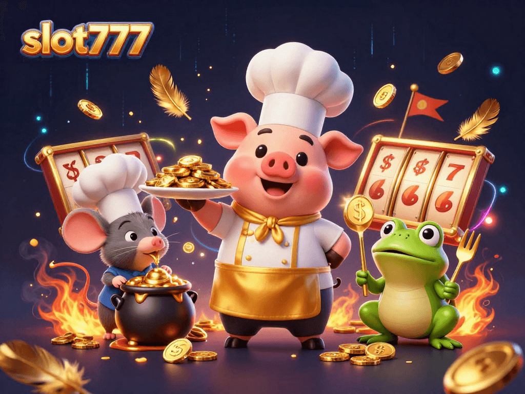Try your luck with slot777, as the chef pig serves golden coins amidst a dynamic casino scene.