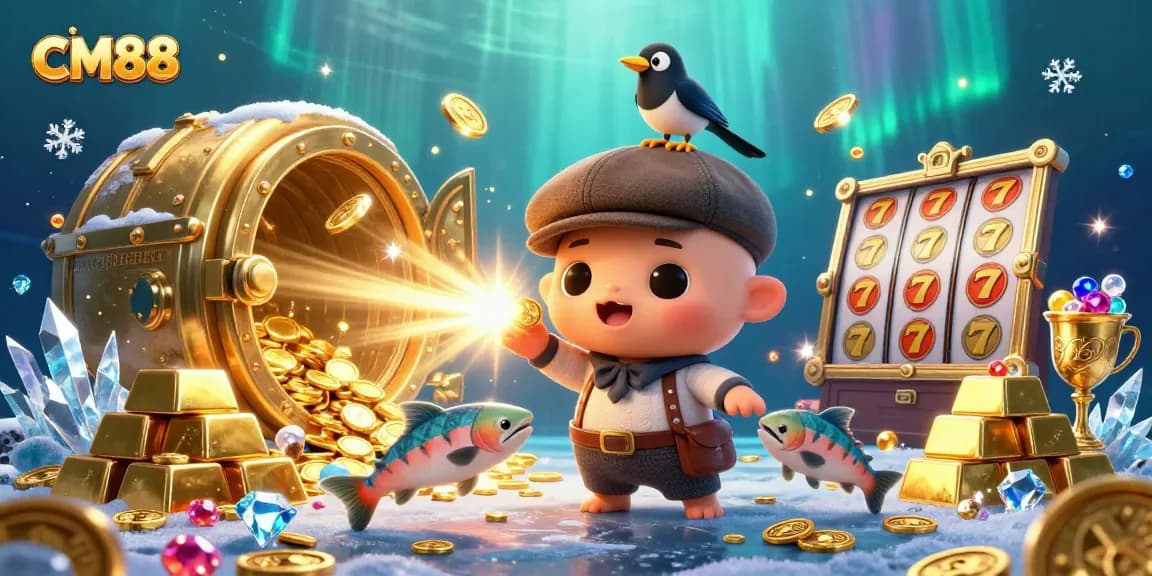Experience winning fun at CM88 with vibrant cartoon characters celebrating casino treasures.