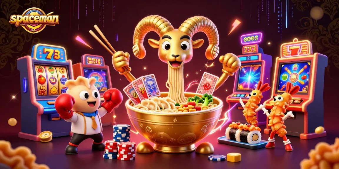 Engage with the spaceman-themed casino scene featuring a golden ramen bowl dealing cards.