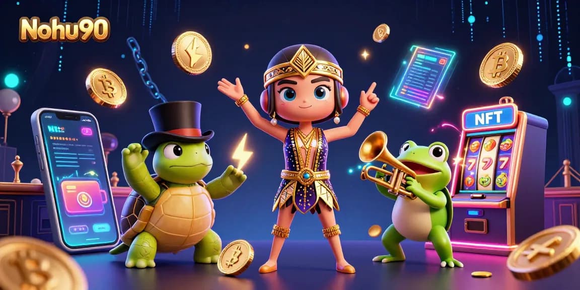 Nohu90 offers a dynamic illustration of gaming excitement with a packed casino scene featuring vibrant characters.