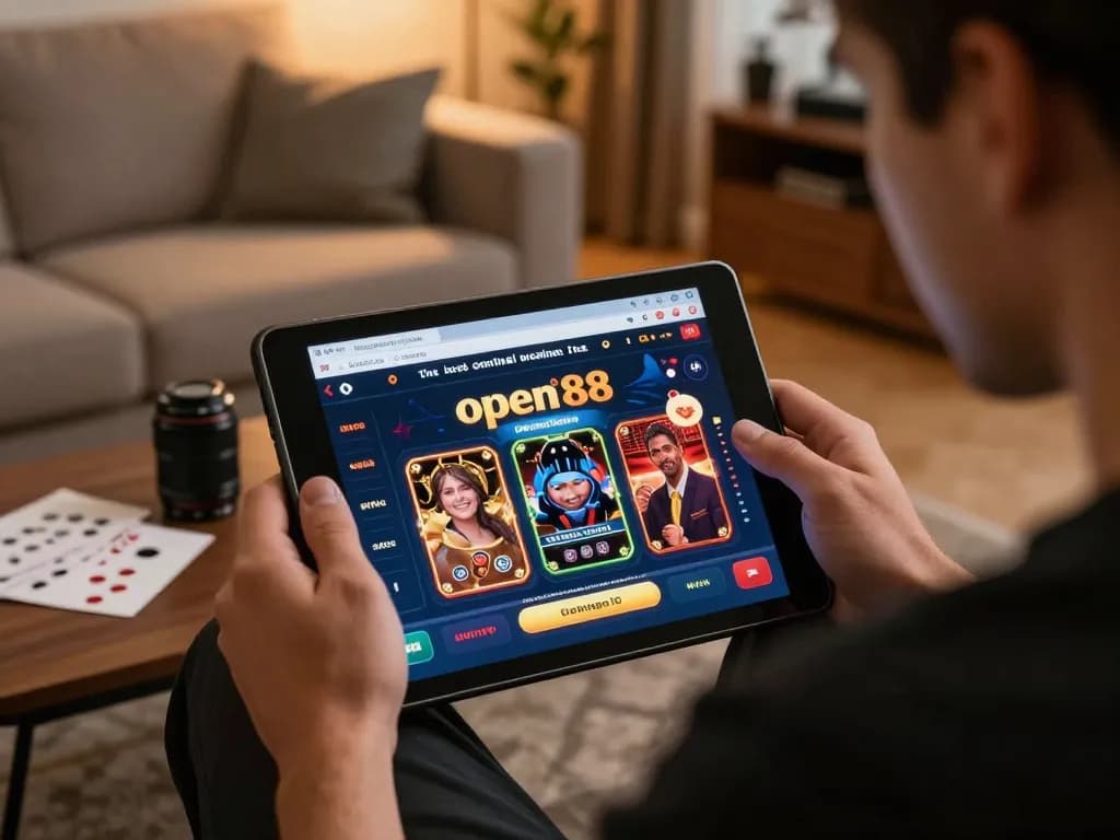 Player enjoying online games on open88 tablet in cozy home environment, showcasing strategic gameplay.
