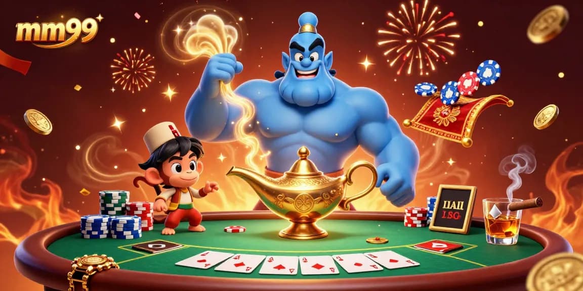 Engage with mm99's vibrant casino scene featuring a genie and poker elements for an immersive gaming experience.
