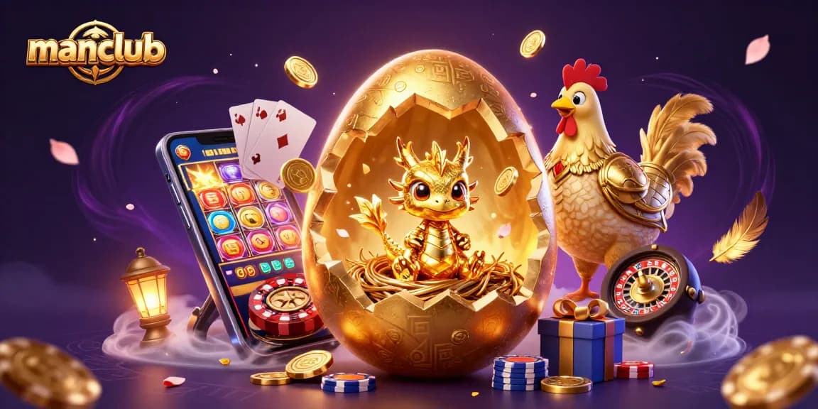 manclub showcases a golden dragon amid engaging slot games and gaming elements, creating a vibrant casino atmosphere.