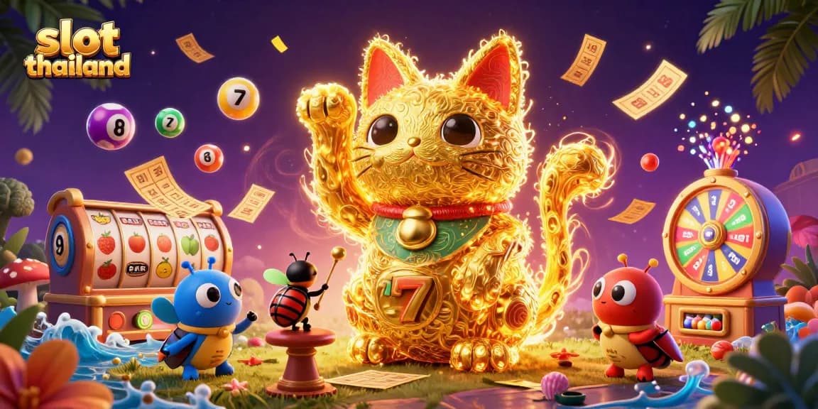 Experience the excitement of slot thailand with a vibrant illustration showcasing a lucky cat made of fireflies amid colorful casino symbols.