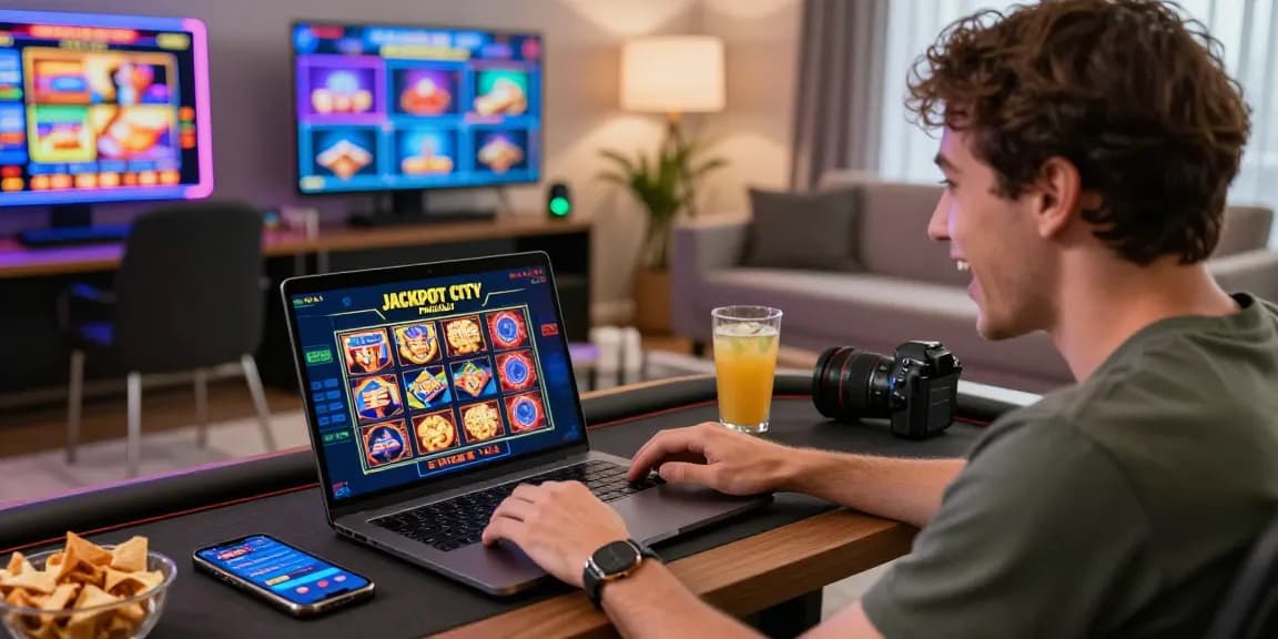 Player enjoying Jackpot City Paraguay on a laptop amid vibrant gaming visuals, showcasing an exciting online casino experience.