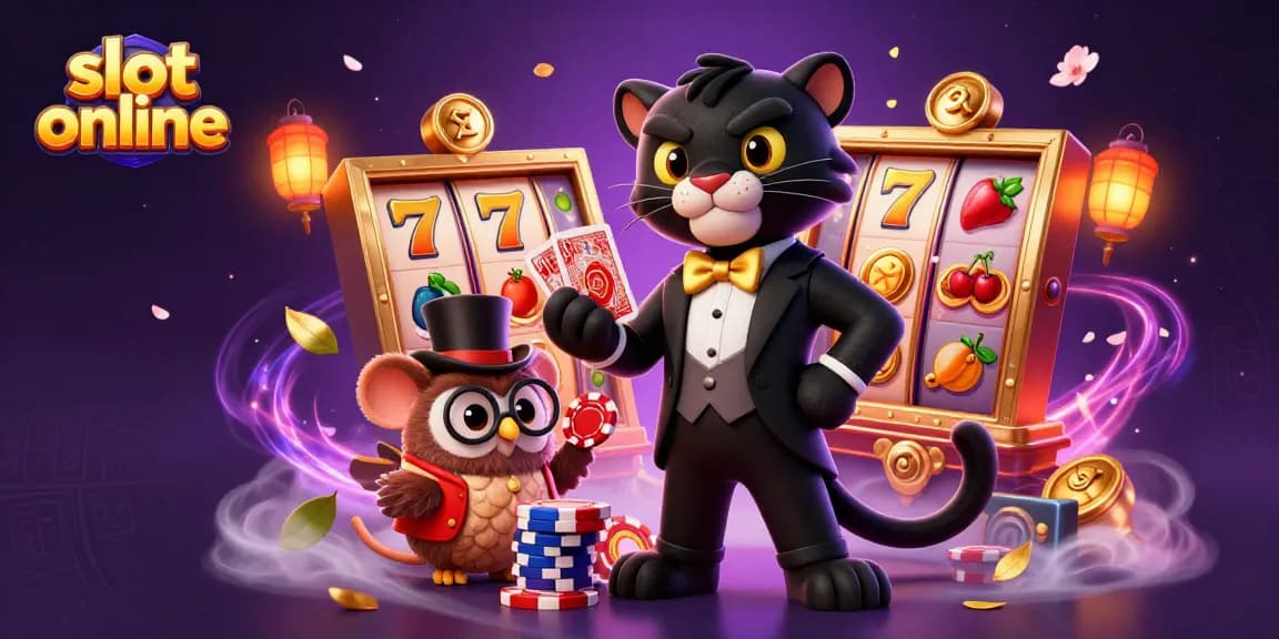 Engage with slot online action featuring a panther dealing cards, an owl with chips, and a lucky mouse.
