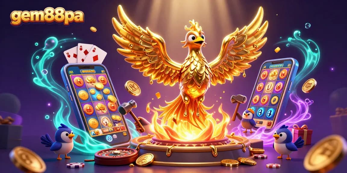 Experience gem88pa's vibrant gaming scene with a golden phoenix and exciting casino elements.