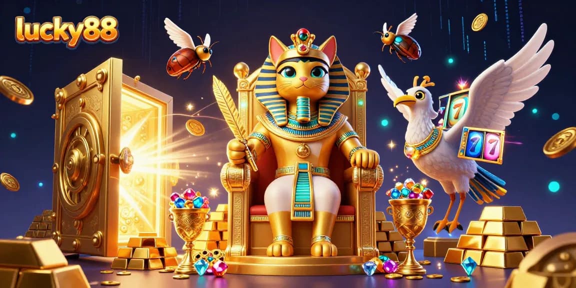 Experience winning spins with lucky88 in this vibrant, animated casino scene featuring gold and treasures.