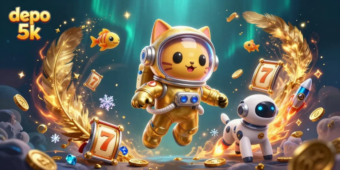 Experience the thrills of depo 5k in a vibrant 3D casino scene featuring a space cat and a robot dog.