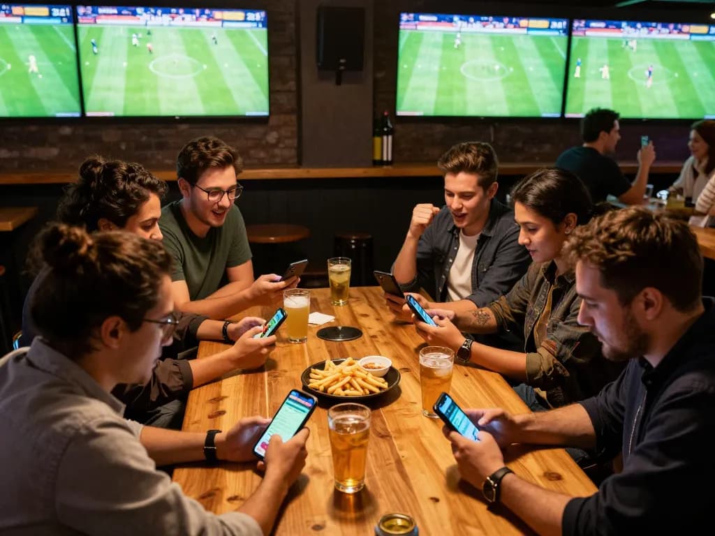 Engaged friends checking tỷ lệ bóng đá kèo nhà cái on their smartphones while watching live matches at a sports bar
