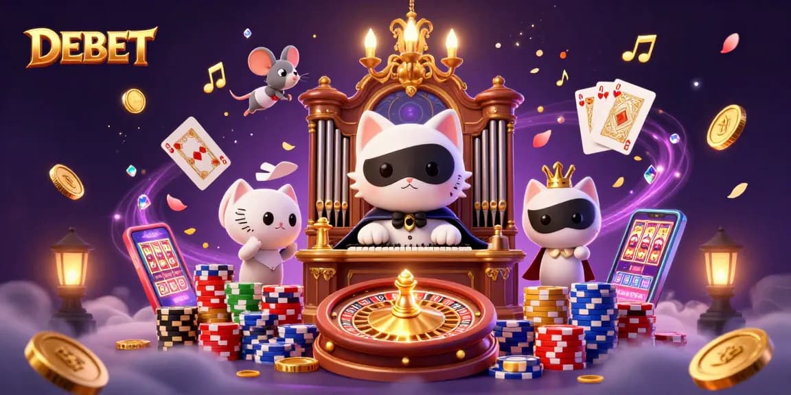 Engage with DEBET in a bustling casino scene filled with golden coins and vibrant gaming elements.