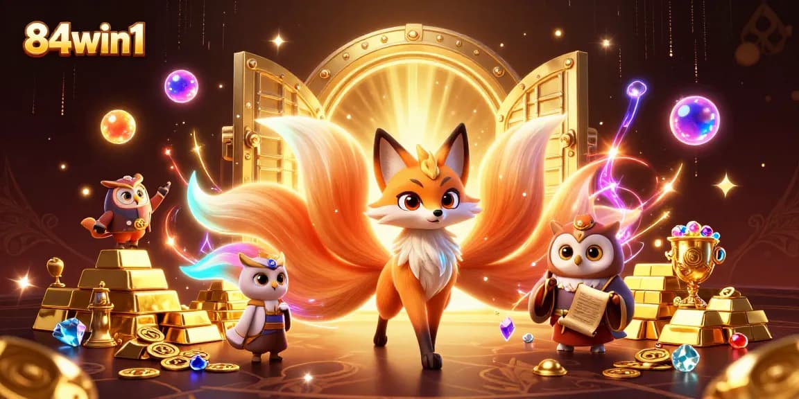 Engage with 84win1's electrifying 3D casino scene featuring a mystical nine-tailed fox and treasures.