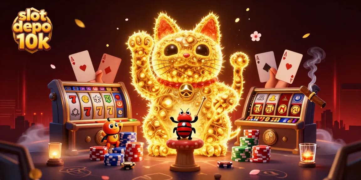 Experience exciting gameplay with slot depo 10k, featuring a dynamic golden lucky cat and vibrant casino symbols.