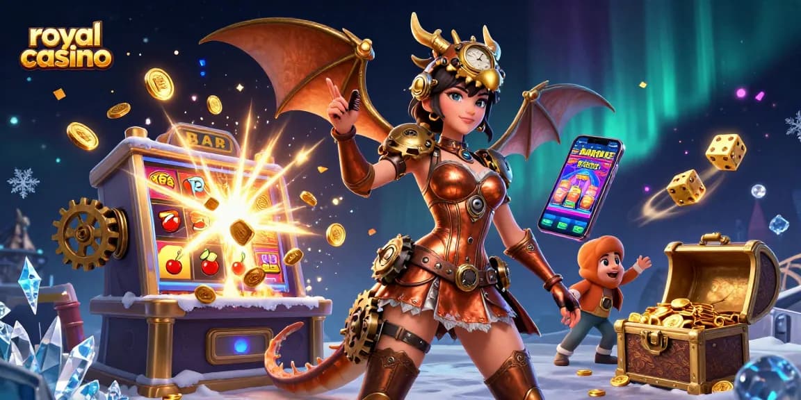 Experience royal casino excitement with dynamic gaming action, showcasing slot machines and vibrant characters.