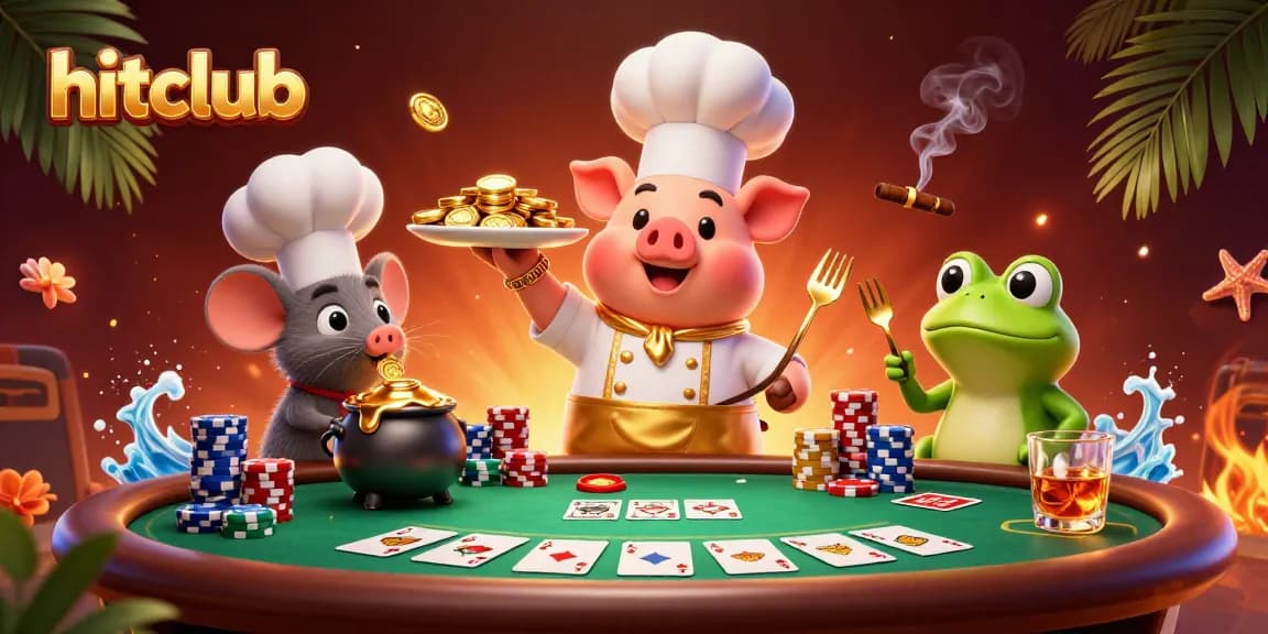 Experience hitclub's thrilling poker action with vibrant characters and golden treasures.
