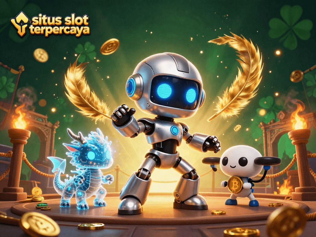 Menggandeng situs slot terpercaya, ilustrasi 3D karakter robot cyberpunk dan hologram naga dalam suasana kasino yang menarik.