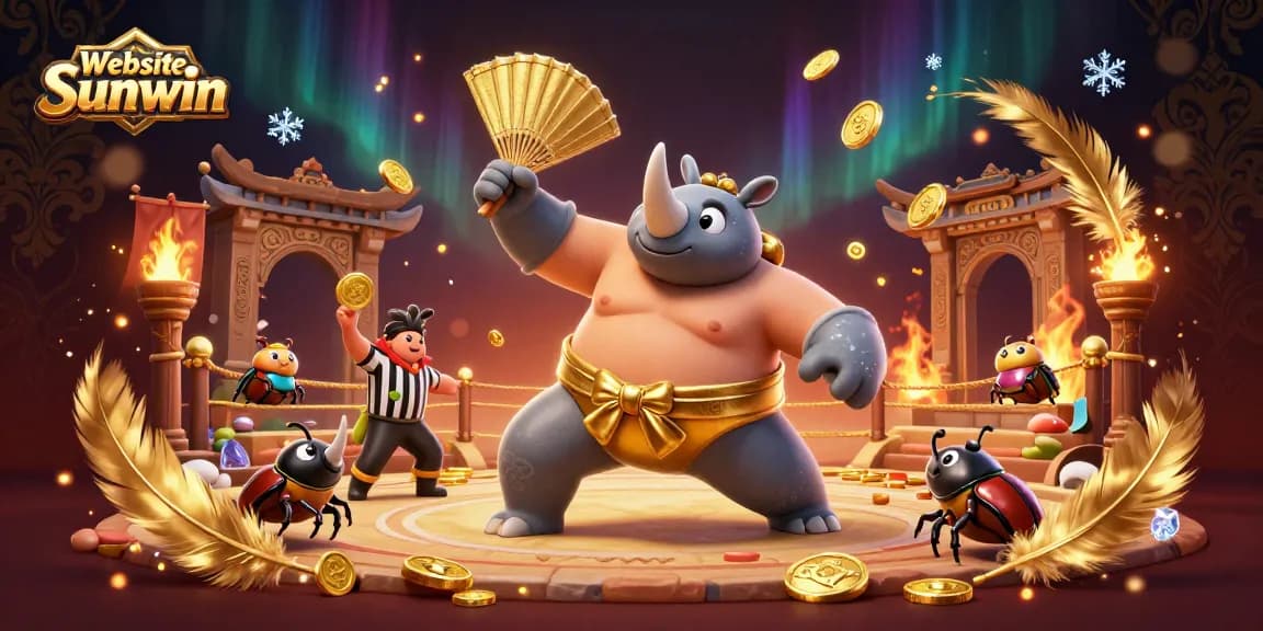 Engage with thrilling games at Website Sunwin while a sumo champion beetle stomps coins in a vibrant arena.