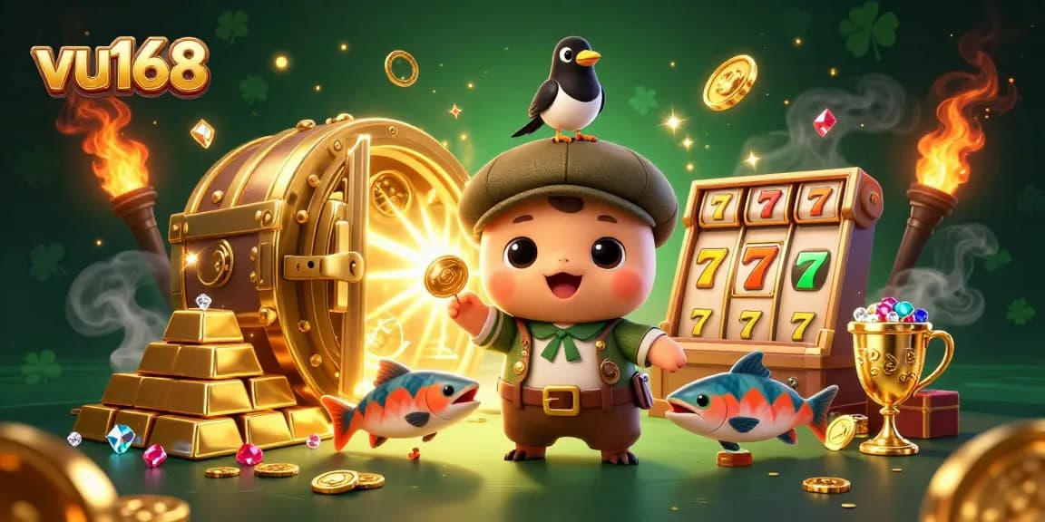Experience thrilling gameplay at vu168 with playful characters and dazzling riches in a vibrant casino scene.