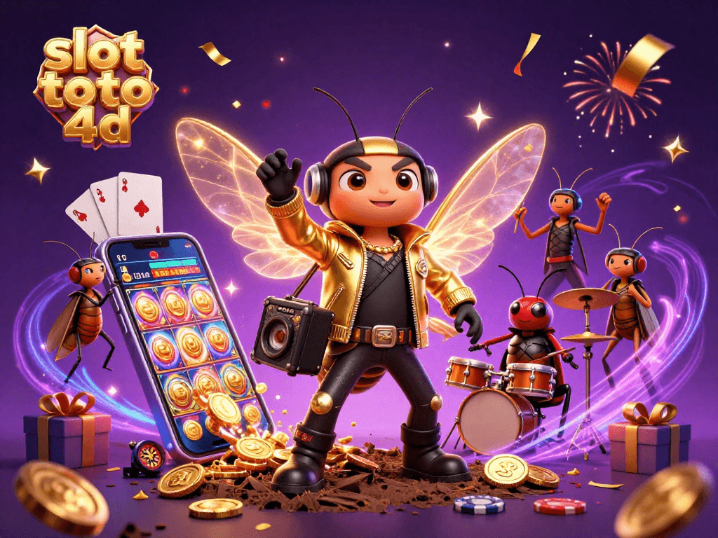 Engaging scene showcasing slot toto 4d with a cicada rock star, beetle drummer, and vibrant casino elements.