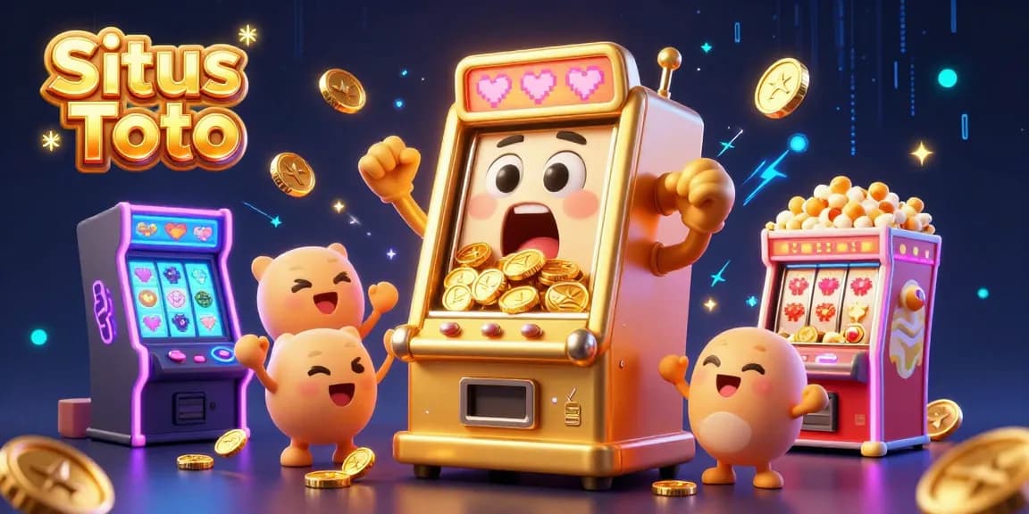 Situs Toto - Enjoy thrilling gameplay as a golden slot machine hits jackpots, surrounded by cheering machines and colorful arcade elements.