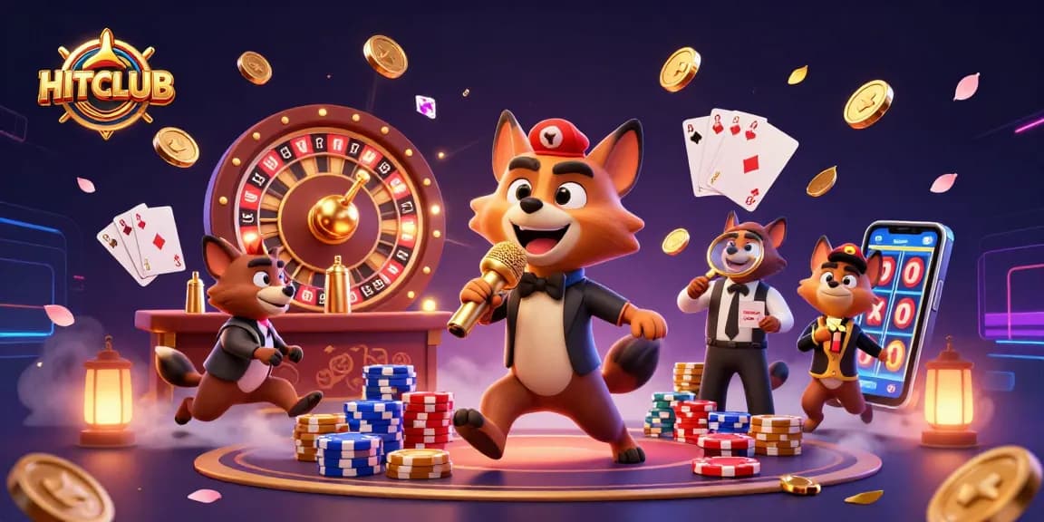 Experience the excitement of HITCLUB with hyenas in a vibrant casino scene filled with dynamic gaming elements.