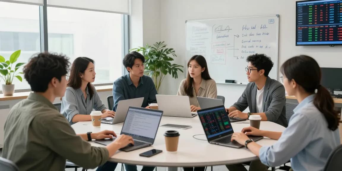 Review prop firms dengan kakakjudi di ruang kerja modern, tim trader mendiskusikan strategi trading.
