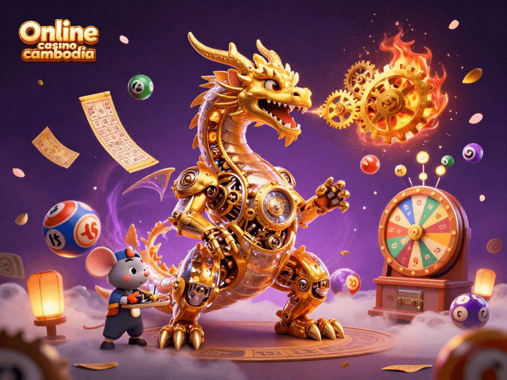 Experience thrilling moments at Online casino cambodia with our 3D casino illustration featuring a golden dragon and vibrant game elements.
