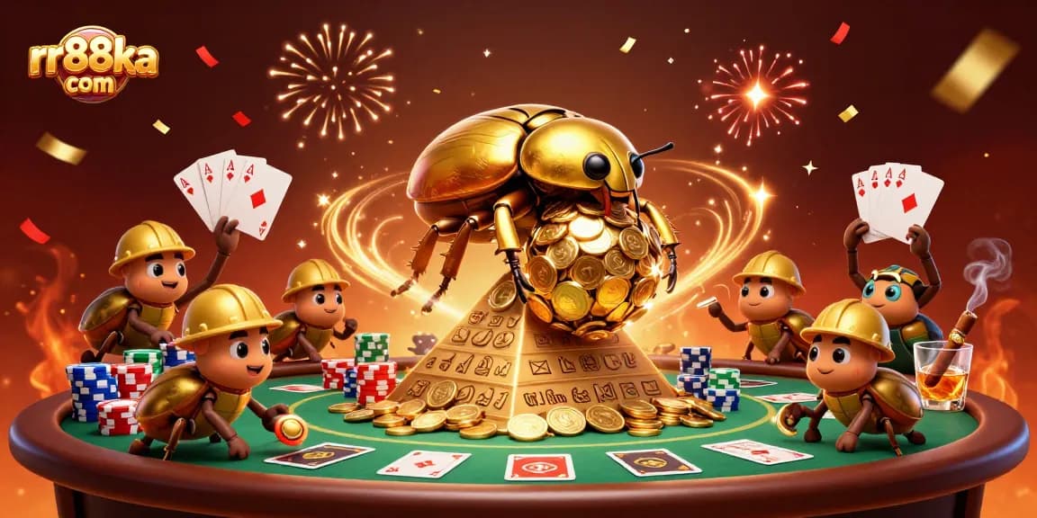 Engage with exciting games at rr88ka com, featuring a golden beetle scene amid vibrant casino action.